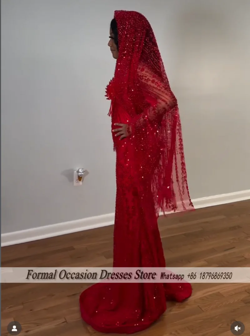Women's Red Sequin Beading Sleeveless Prom Dress With Veil