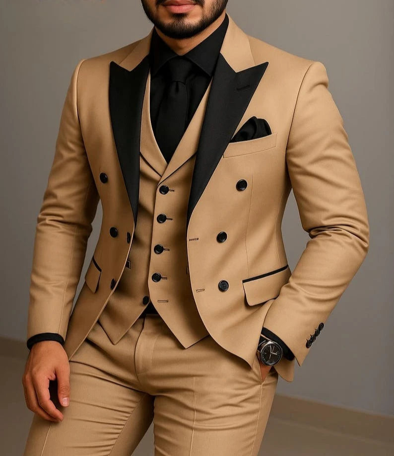 Men's beige double breasted slim fit wedding suit black lapel product photo