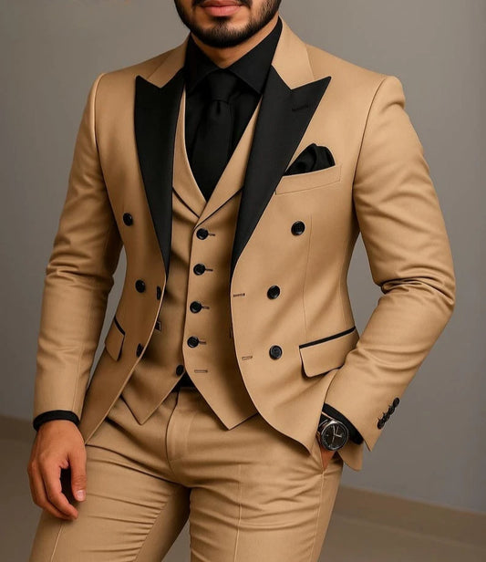 Men's beige double breasted slim fit wedding suit black lapel product photo