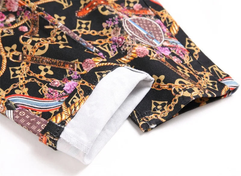 Men's Slim Fit Full Print Colorful Street Denim Jeans