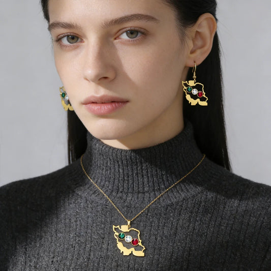 Women's Iran Map Zircon Necklace Earrings Keychain Set