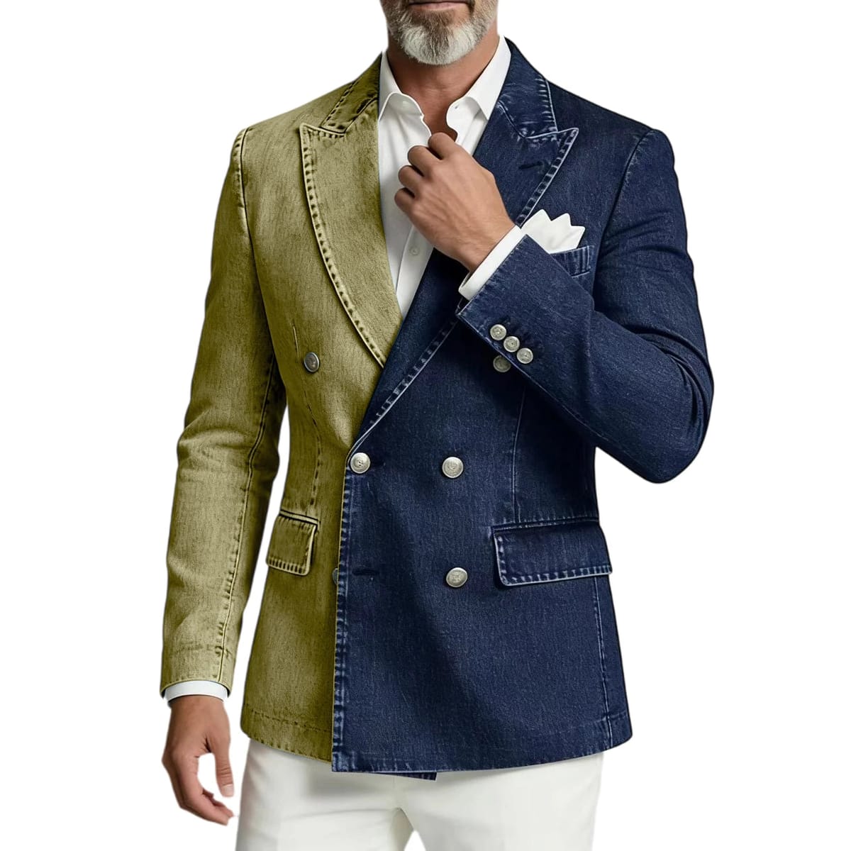 Men's Spliced Denim Peak Lapel Double-Breasted Blazer