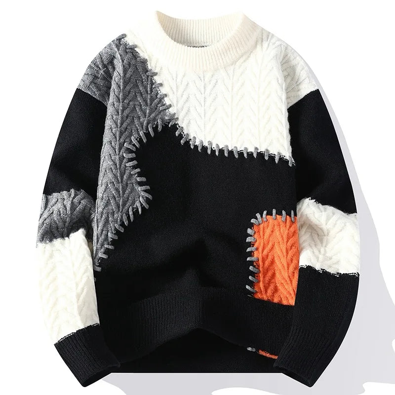 Men's Winter Patchwork Knit O-Neck Pullover, Thick Loose Sweater