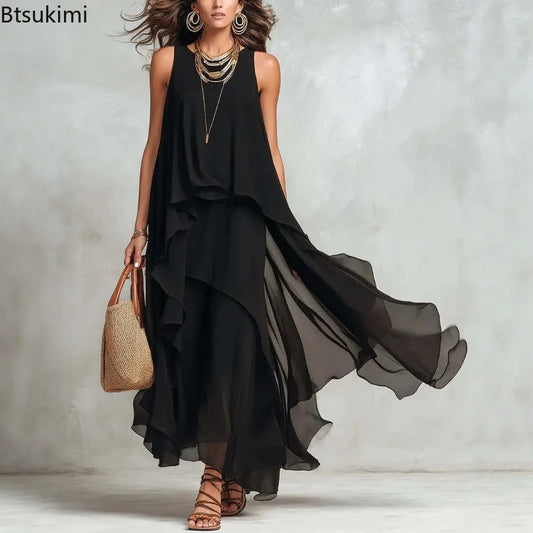 Women's Solid O-Neck Sleeveless Ruffle Chiffon Asymmetrical Maxi Dress