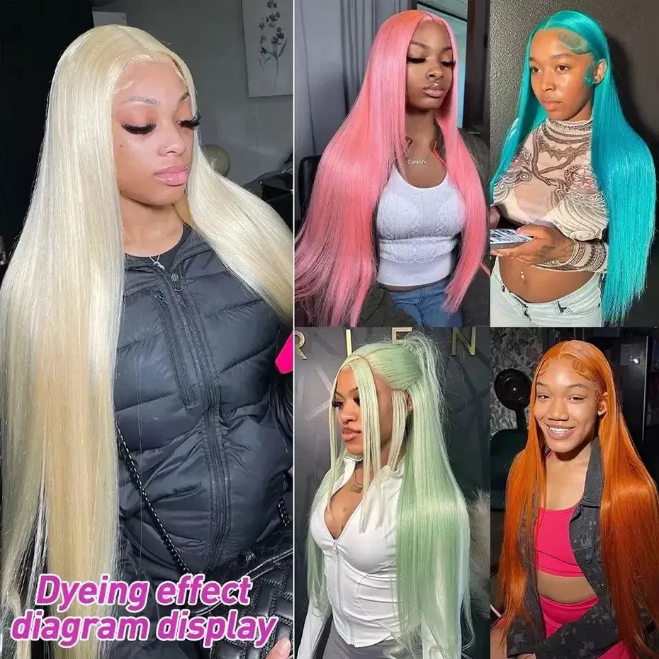 Dyeing effect diagram display showcasing various vibrant hair colors on long wigs including blonde, pink, green, and orange hair.