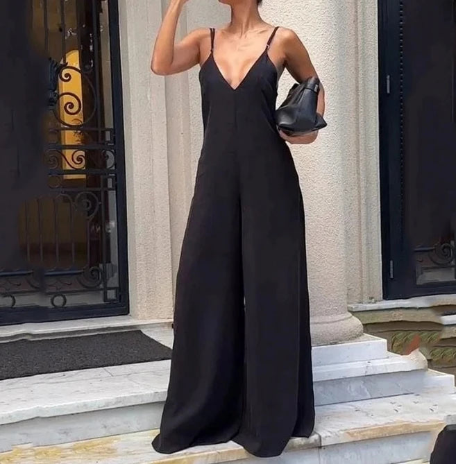 Women's V-Neck Solid Color Wide Leg Suspender Jumpsuit Black