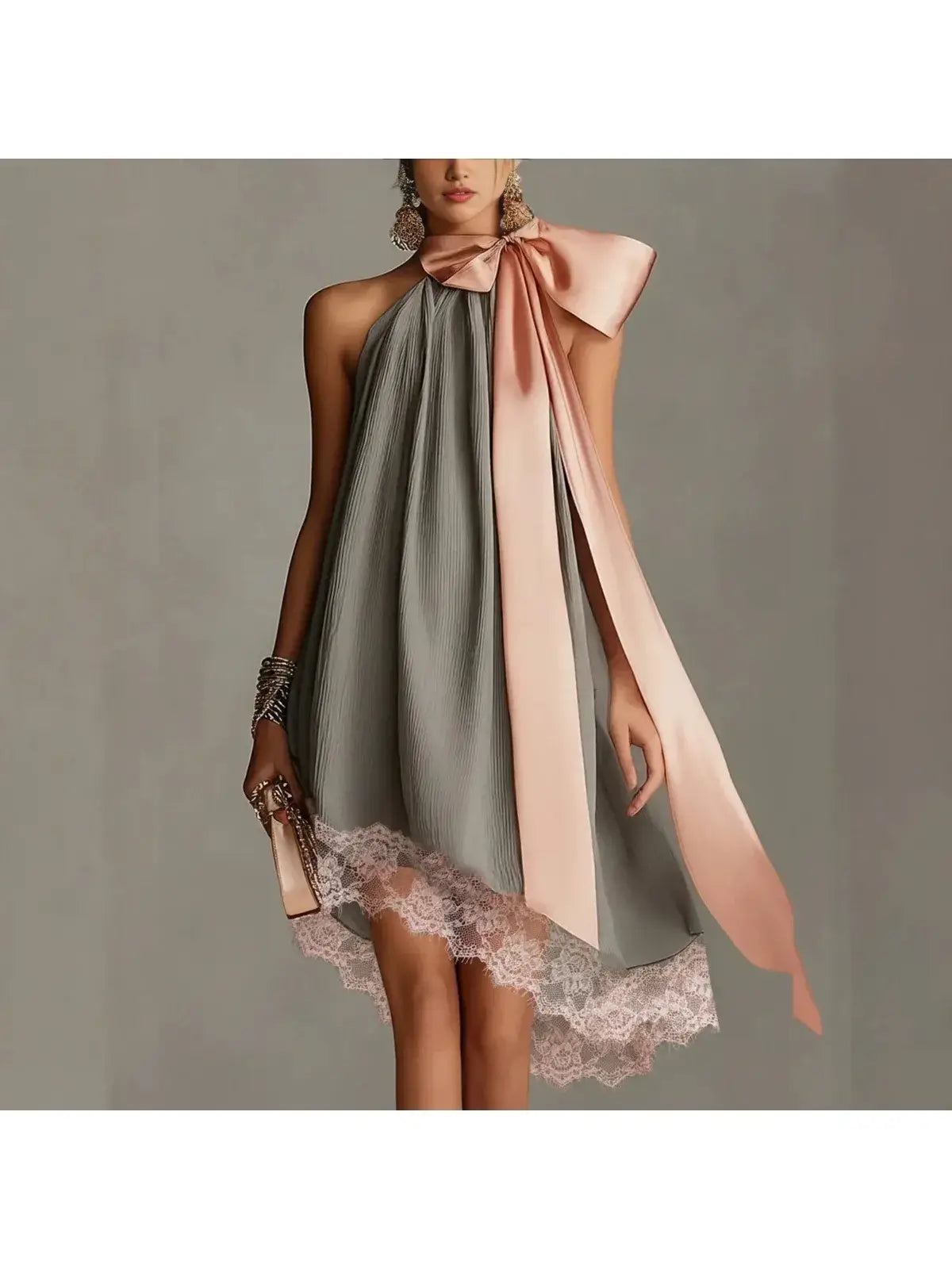 Women's Pink Satin Halter Mini Dress with Bow Tie