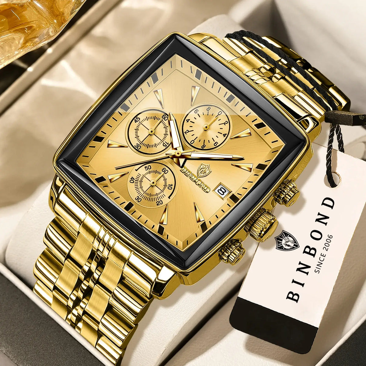 BINBOND Luxury Quartz Watches for Men Auto Date Chronograph Luminous Waterproof Men's Watch Business Sport Fashion Casual Reloj in gold.