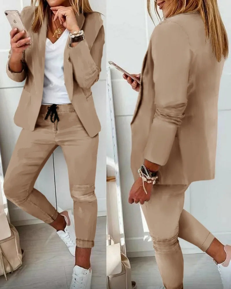 Women's Monochrome Drawstring Elastic-Waist Slit Suit Two-Piece
