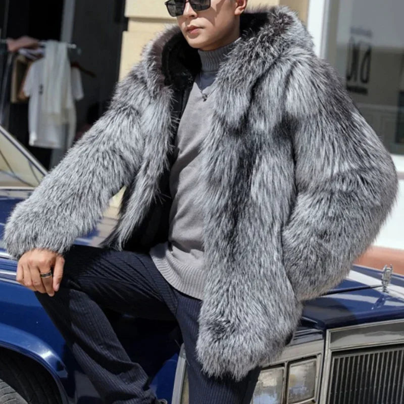 Men's Hooded Thick Faux Fox Fur Winter Parka Coat