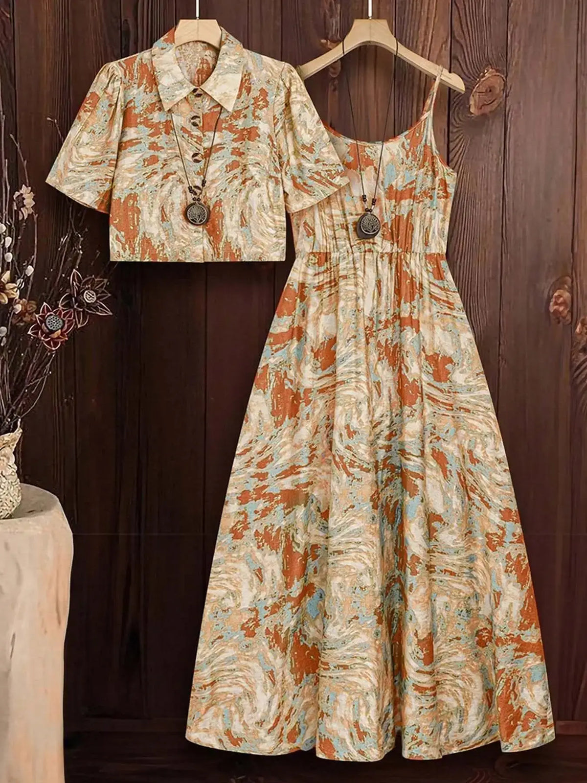 Women's Plus Size Marble Print Tank Dress and Top Set