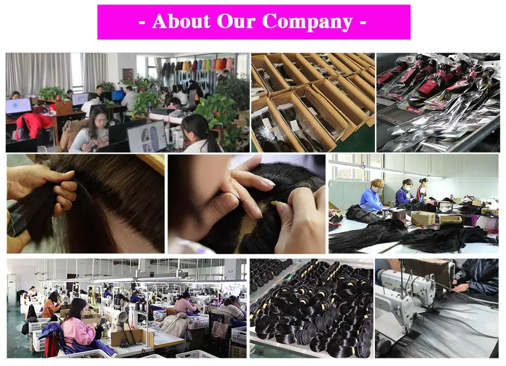 About Our Company showcasing Brazilian wigs, human hair production, and team working on lace wigs.