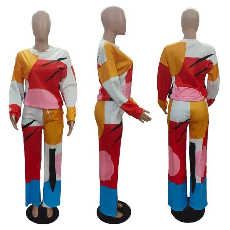Women's Print Pullover and Long Pants Tracksuit Two-Piece Set