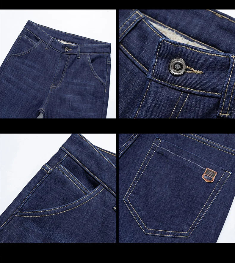 Men's Winter Fleece-Lined Lamb Denim Straight Stretch Jeans, Size 40