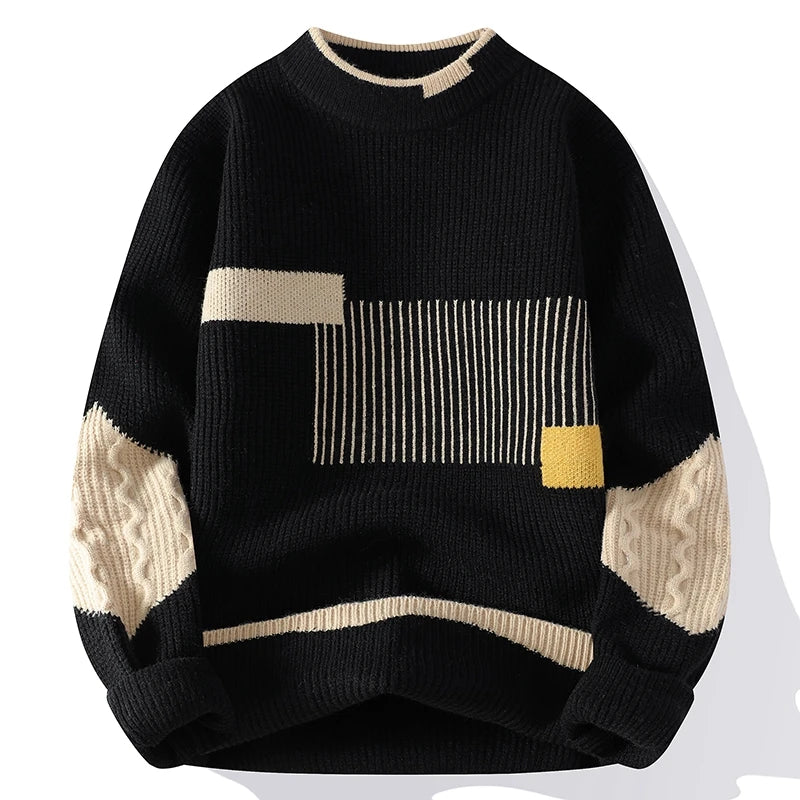 Men's Mock Neck Patchwork Knit Pullover Sweater Autumn Winter