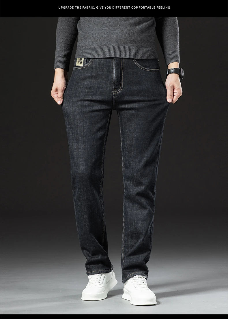 Men's Winter Fleece-Lined Lamb Denim Straight Stretch Jeans, Size 40