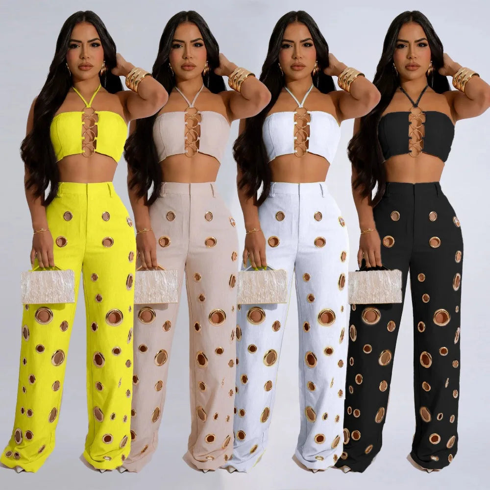 Women's Sequined Halter Top and Wide Leg Pants Set