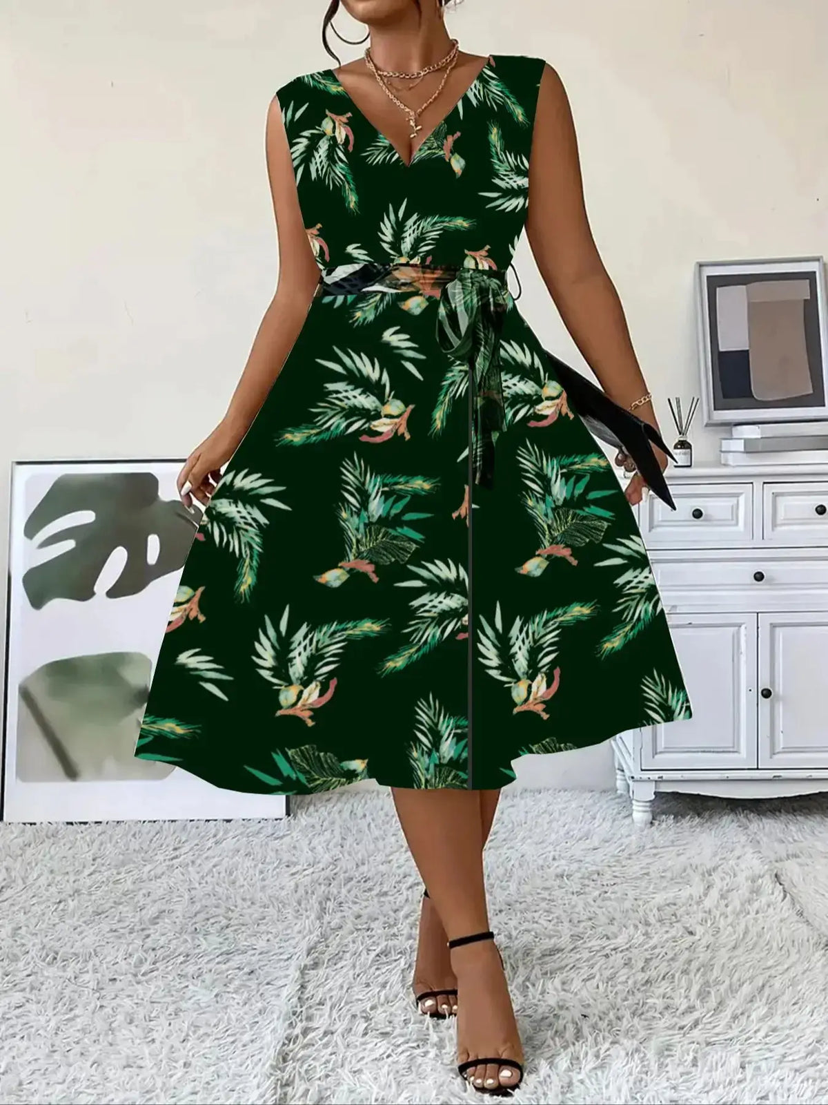 Women's Plus Size Print V-Neck Sleeveless Slim Dress