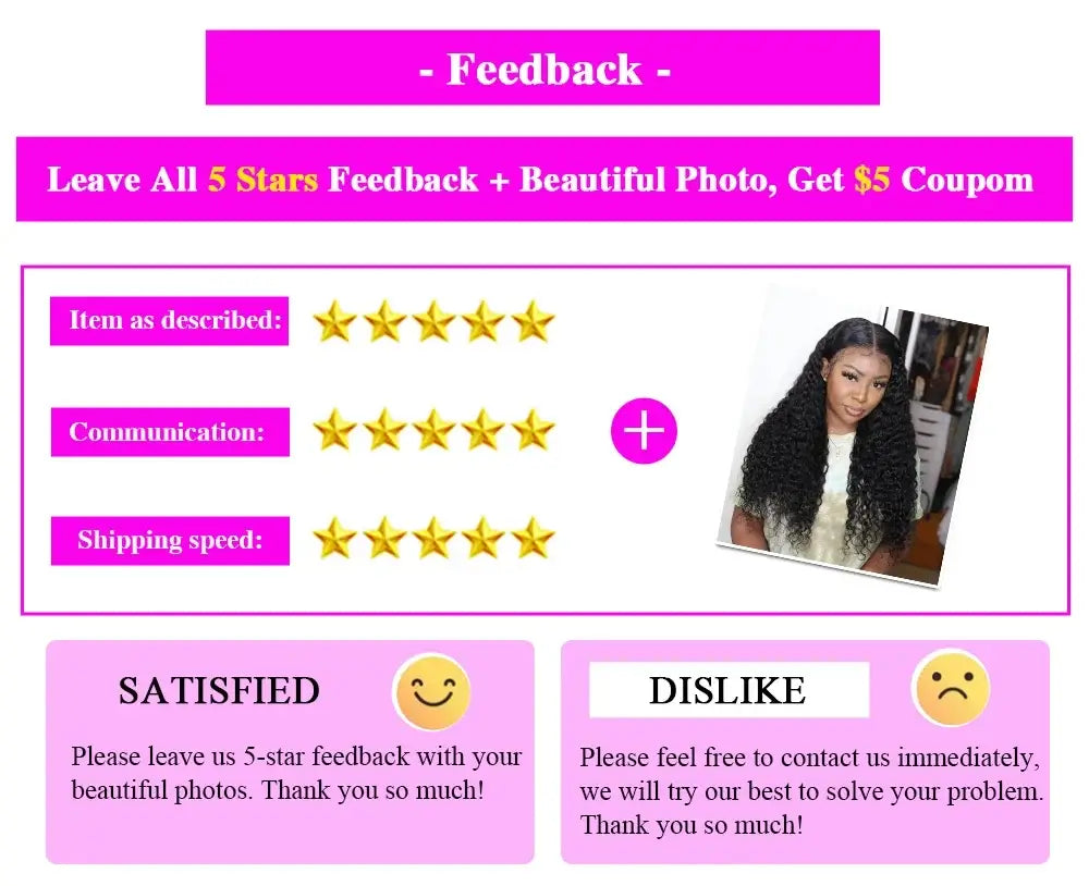 Feedback for 40 46 Inch 200 Density Frontal Wig For Black Women Brazilian Wigs Human Hair showcasing 5-star ratings and customer satisfaction.