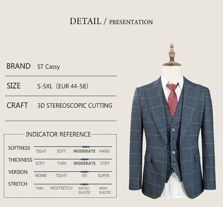 Men's 3-Piece Checkered Business and Wedding Suit