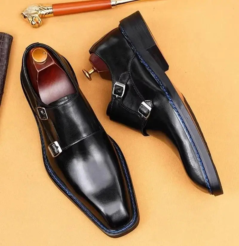 Men's Cowhide Square Toe Double Monk Strap Dress Shoes