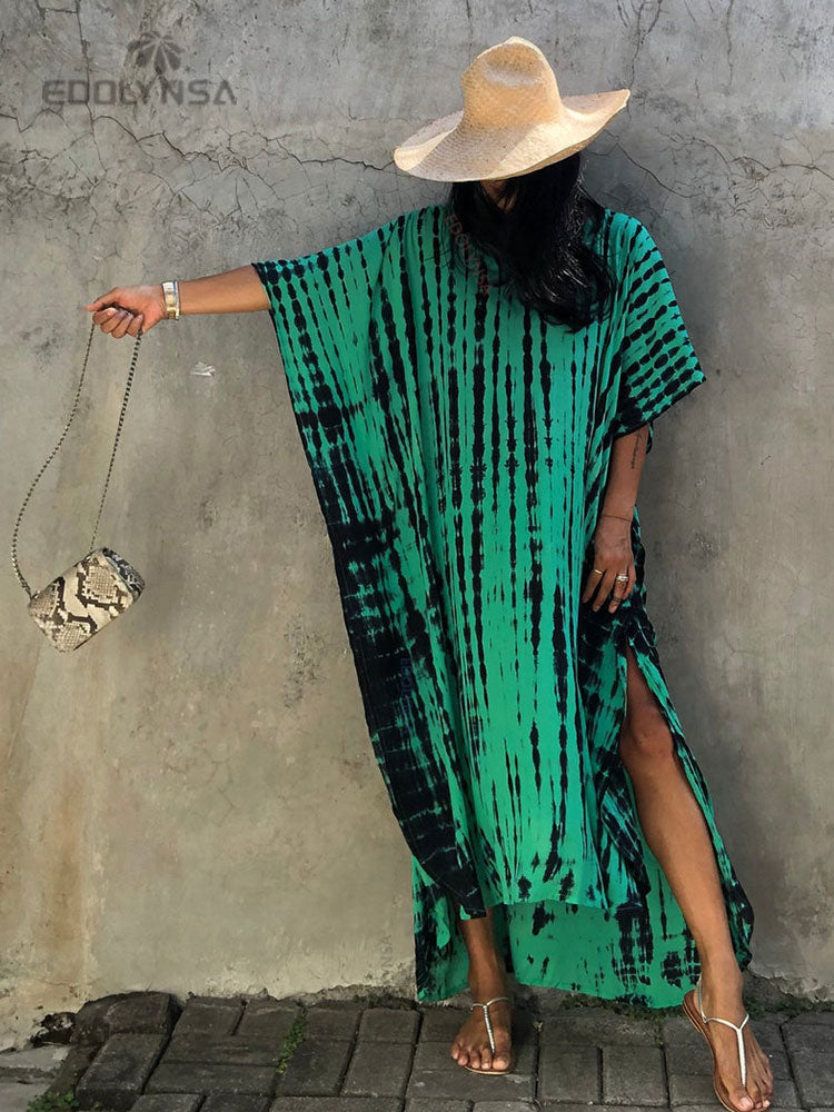 Women's Bohemian Printed V-Neck Batwing Split Maxi Dress