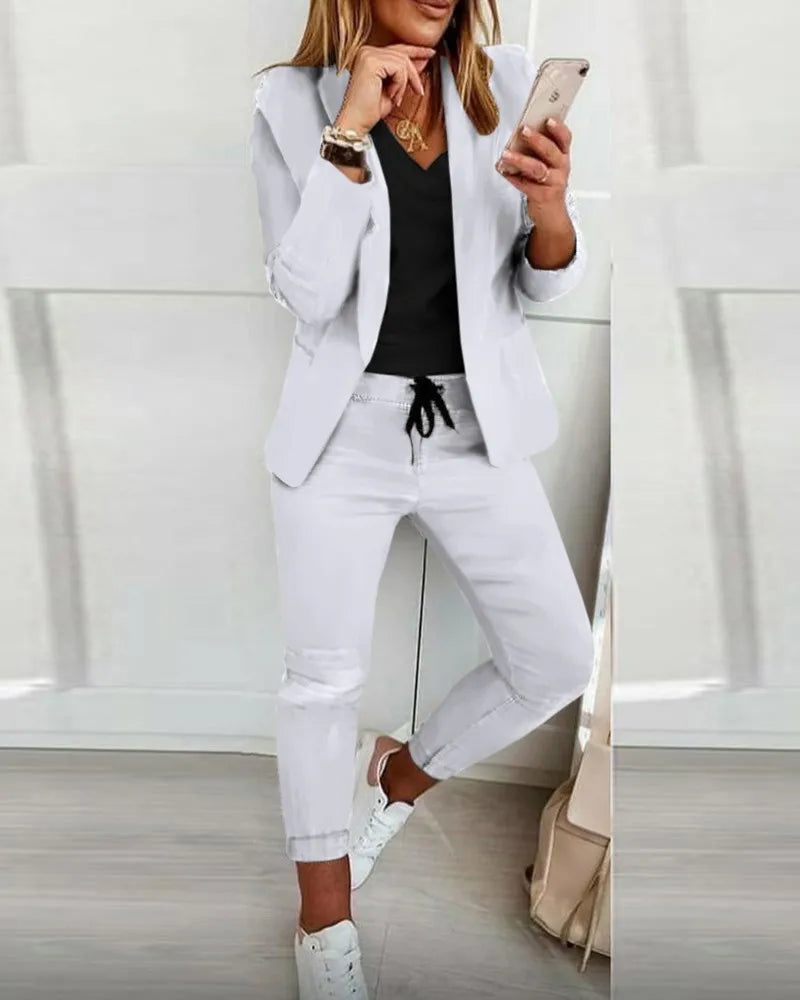 Women's Monochrome Drawstring Elastic-Waist Slit Suit Two-Piece