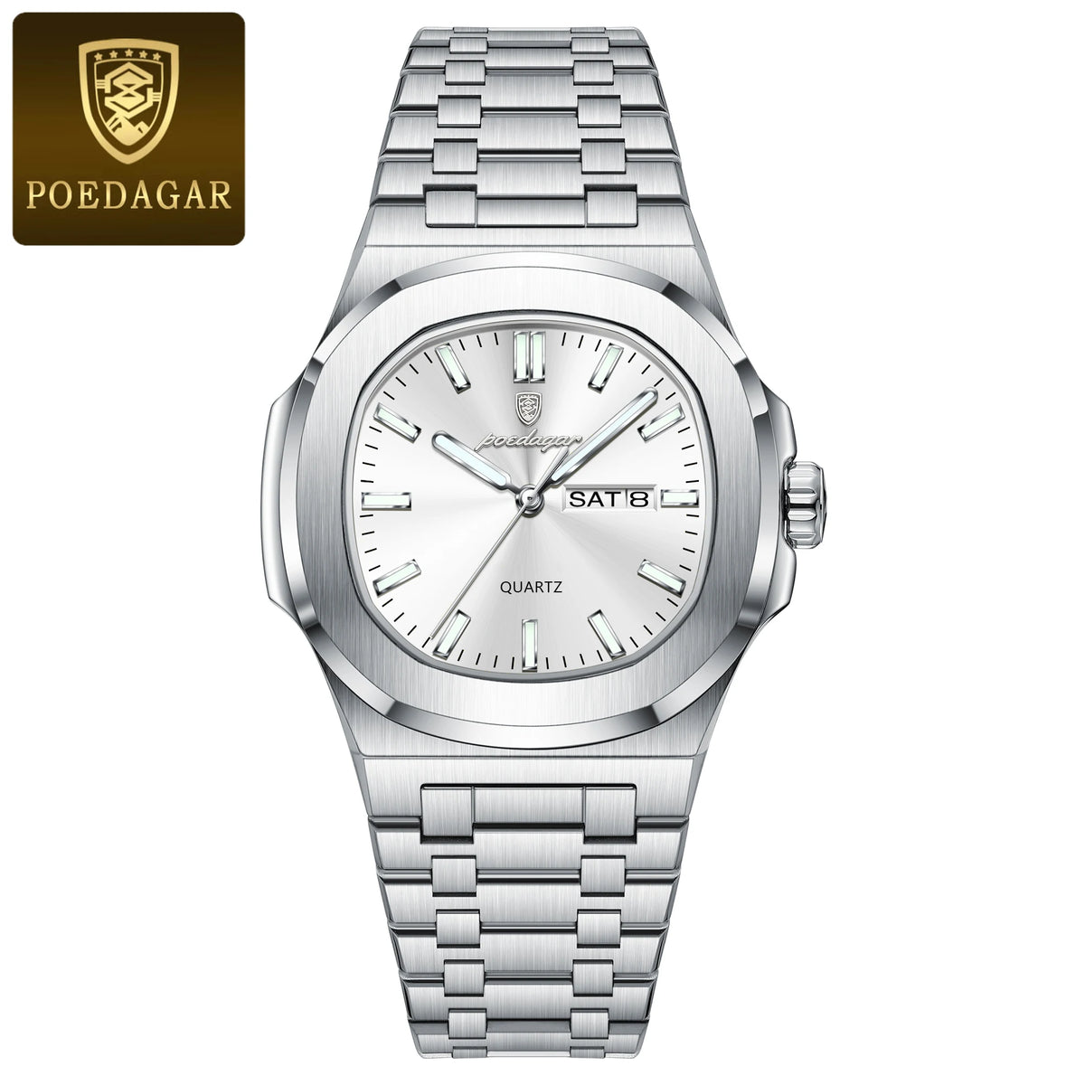 Men's Square Stainless Steel Date Week Quartz Wristwatch