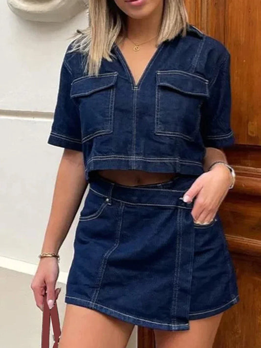 Womens 2 Piece Denim Outfits Summer Short Sleeve Lapel Jean Pullover Tops and Asymmetrical Shorts Set for Streetwear Grunge Y2K
