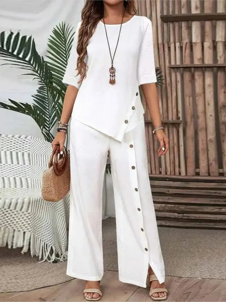 Women's Button Short-Sleeve Shirt and Loose Trousers Two-Piece Set