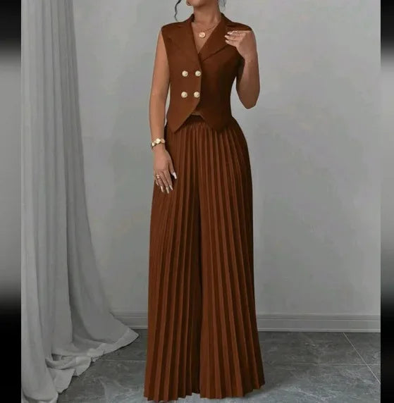 Women's Solid Lapel Sleeveless Top and Trousers Two-Piece Set
