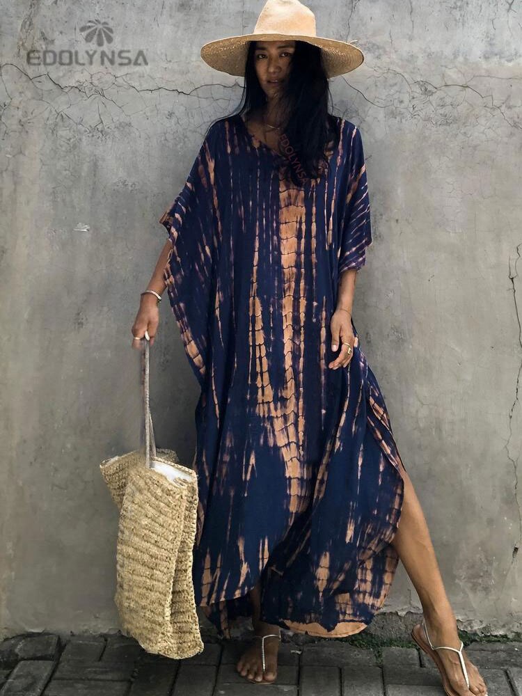 Women's Bohemian Printed V-Neck Batwing Split Maxi Dress