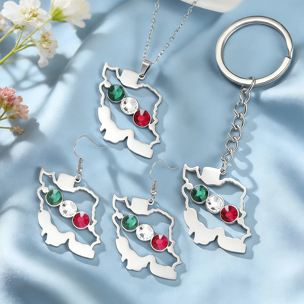 Women's Iran Map Zircon Necklace Earrings Keychain Set