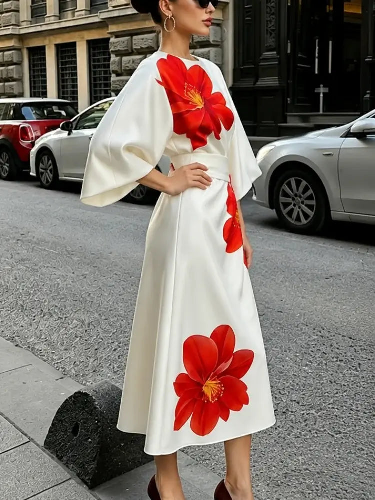 Women's Satin Tie-Dye Puff Sleeve High-Waist Dress