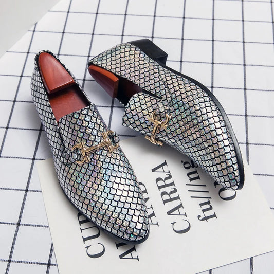 Men's Golden Pointed Genuine Leather Wedding Dress Shoes