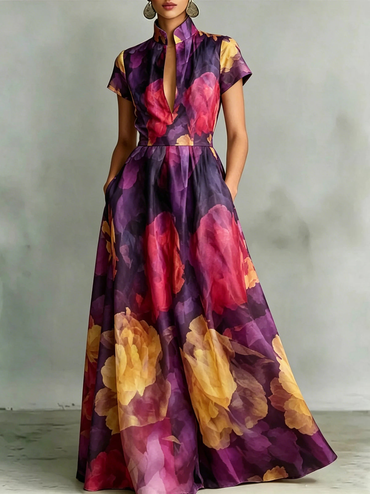 Women's Floral Print Stand-Collar High-Waist A-Line Maxi Dress