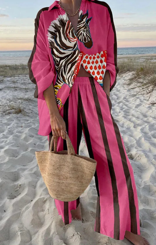 Women's Tropical Print Shirt and Wide-Leg Trousers Two-Piece Set
