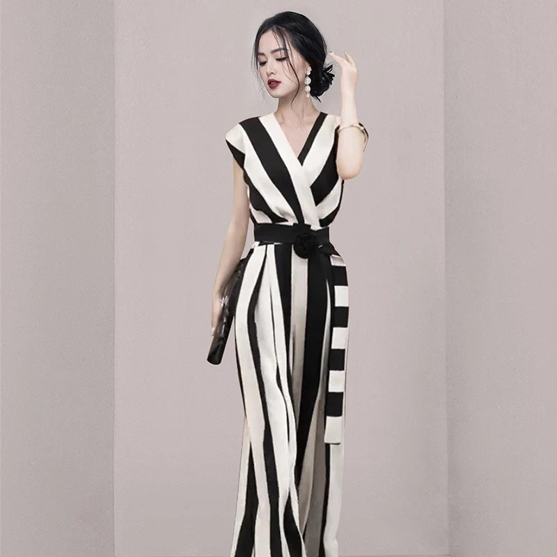 Women's Black-White Striped V-Neck Wide-Leg Jumpsuit, Office Belted Look