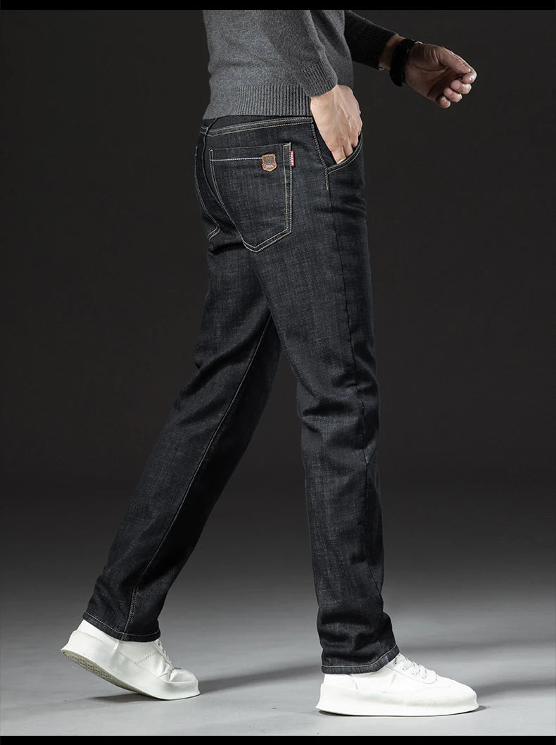 Men's Winter Fleece-Lined Lamb Denim Straight Stretch Jeans, Size 40