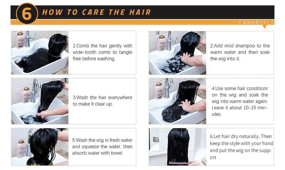 How to care for 36 Inch Chocolate Brown Body Wave HD Lace Front Human Hair Wig: combing, washing, conditioning, drying instructions.