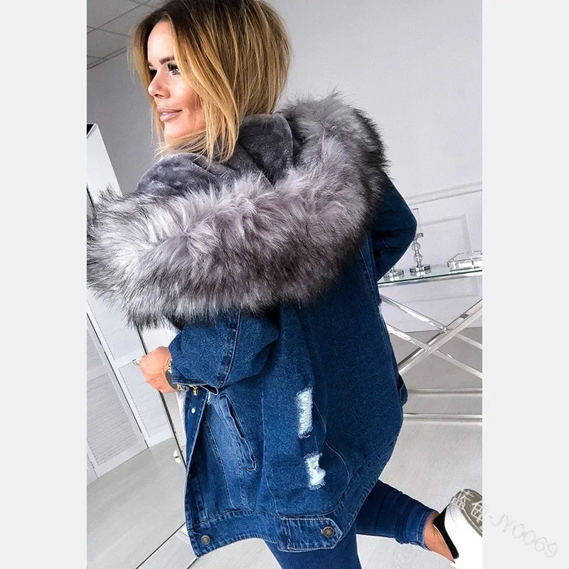 Women's Distressed Fur Collar Denim Jacket