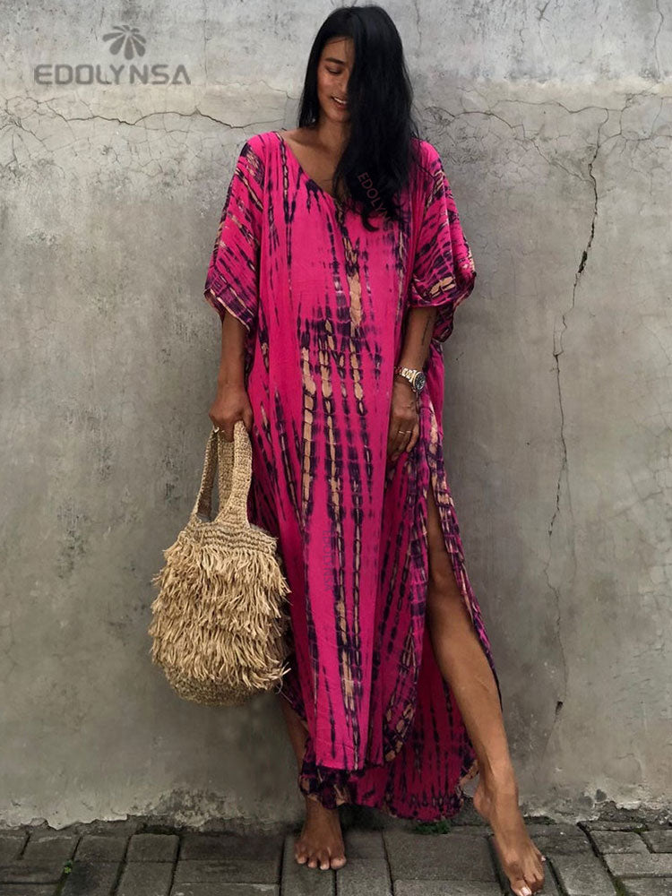 Women's Bohemian Printed V-Neck Batwing Split Maxi Dress