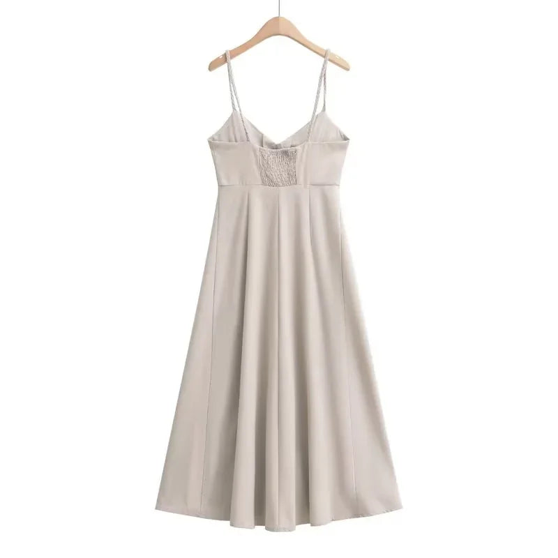 Women's Strapless V-Neck Linen Vintage Midi Sundress