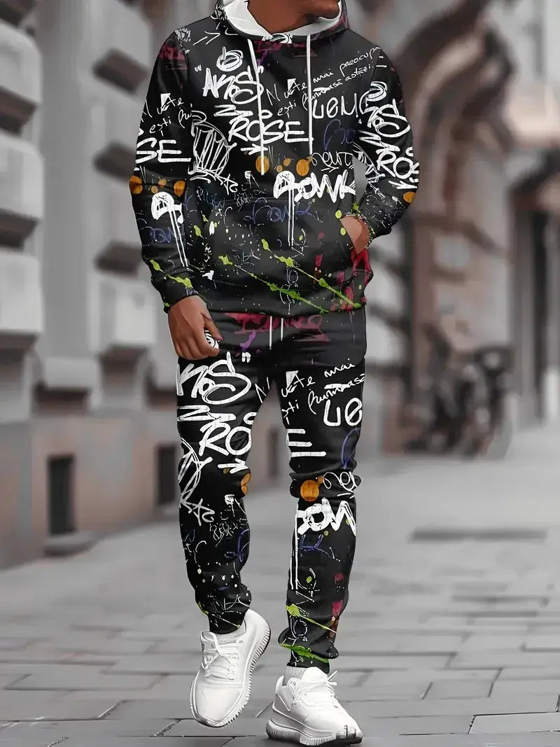 Men's Casual 3D Graffiti Print Hoodie and Pants Set, Spring Autumn