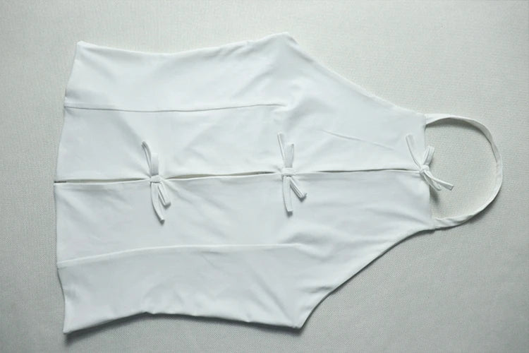 Women's White Hollow Halter Backless Top and Irregular Mini Skirt Set