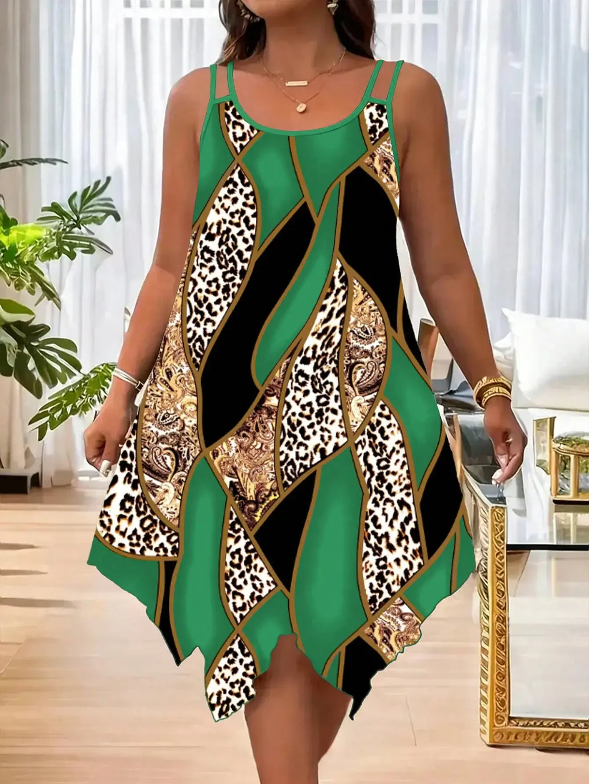 Women's Plus Size Asymmetrical Geometric Stripe Double-Strap Dress