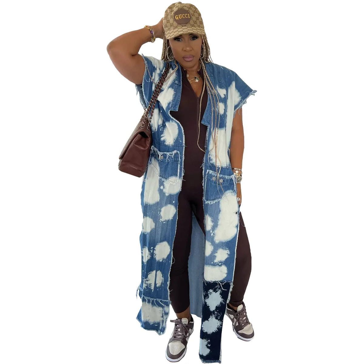 Women's Long Denim Trench Jacket with Pockets, Street Outerwear