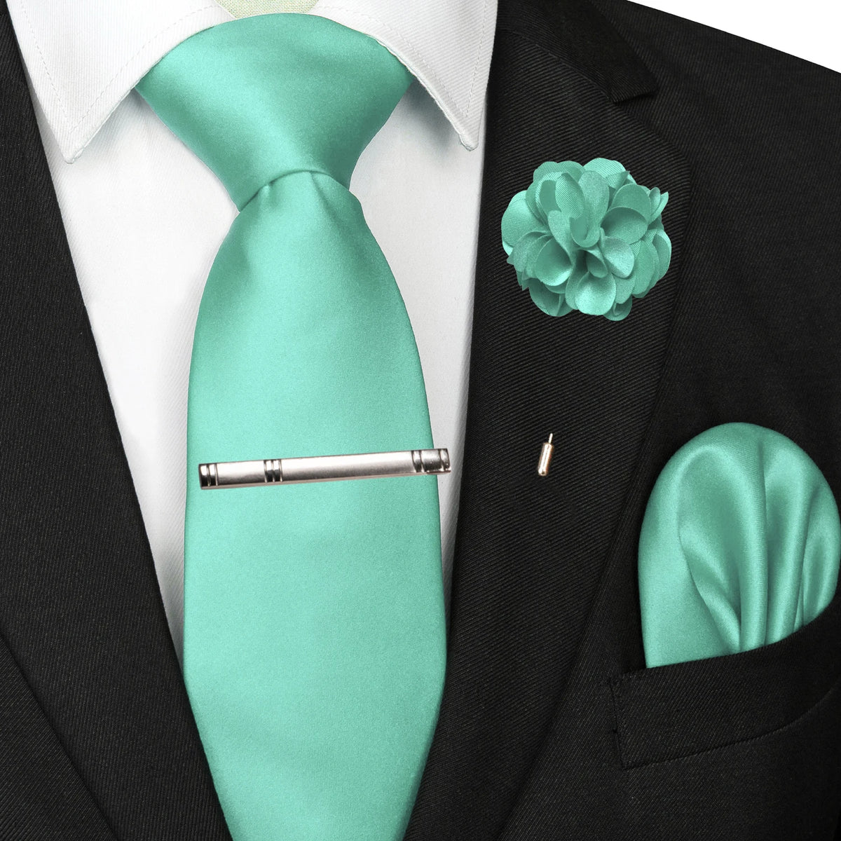 Men's Solid Color Tie Set with Lapel Pin and Pocket Square