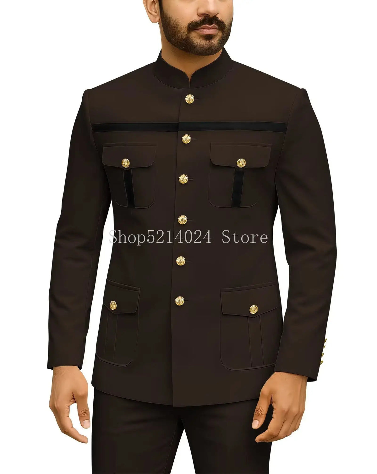 Mens Safari Suit 2 Piece Regular Fit Chinese Suit Stand Collar Gold Button Blazer Pants Set African Outfits