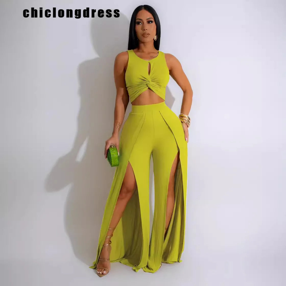 Women's Sleeveless Top and Split Wide-Leg Pants Two-Piece Set